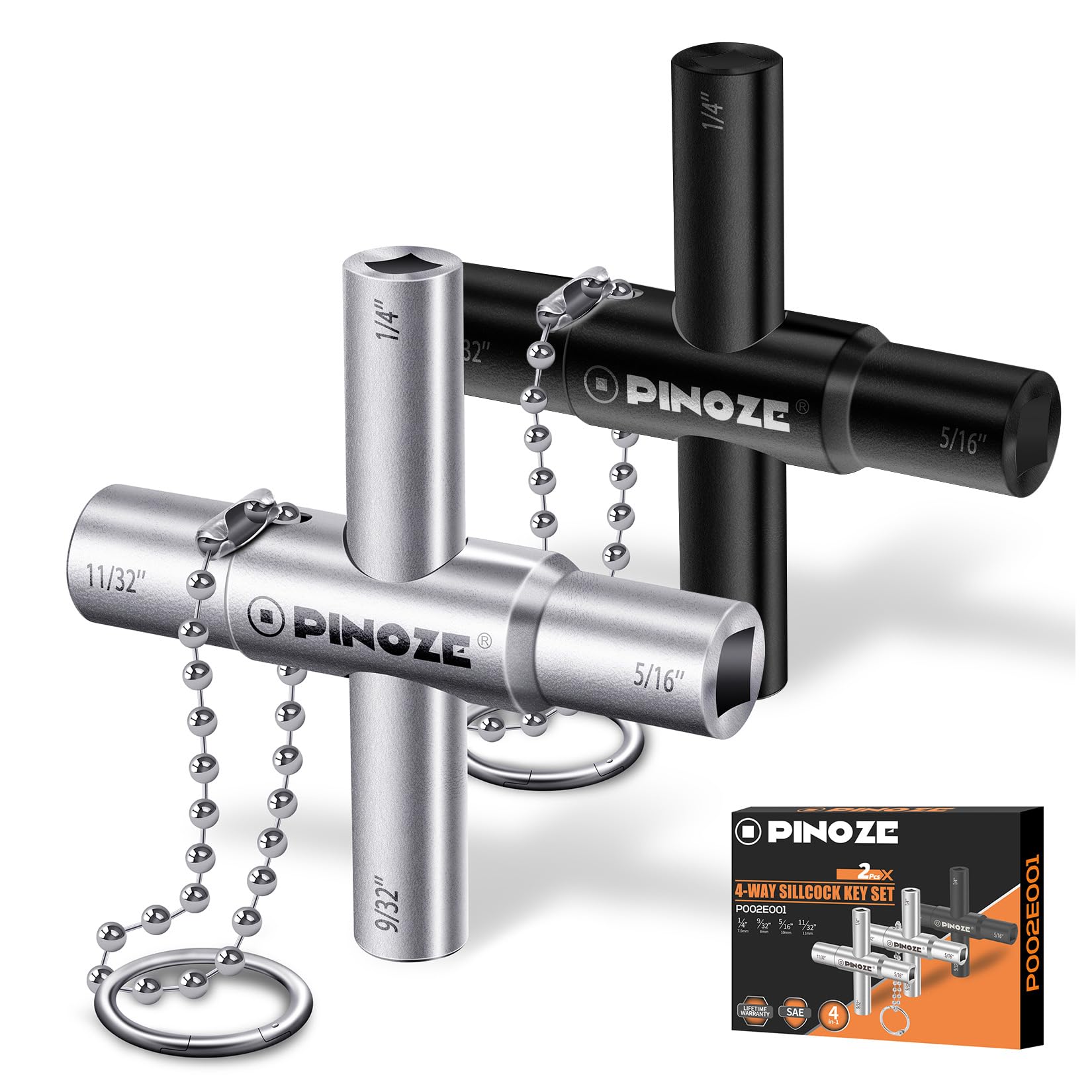 Pinoze 4 Way Sillcock Water Key, 1/4", 9/32", 5/16", 11/32", 2-Pack Steel Multi-Function Utility Key with Keychain for Sillcocks Faucets Valves