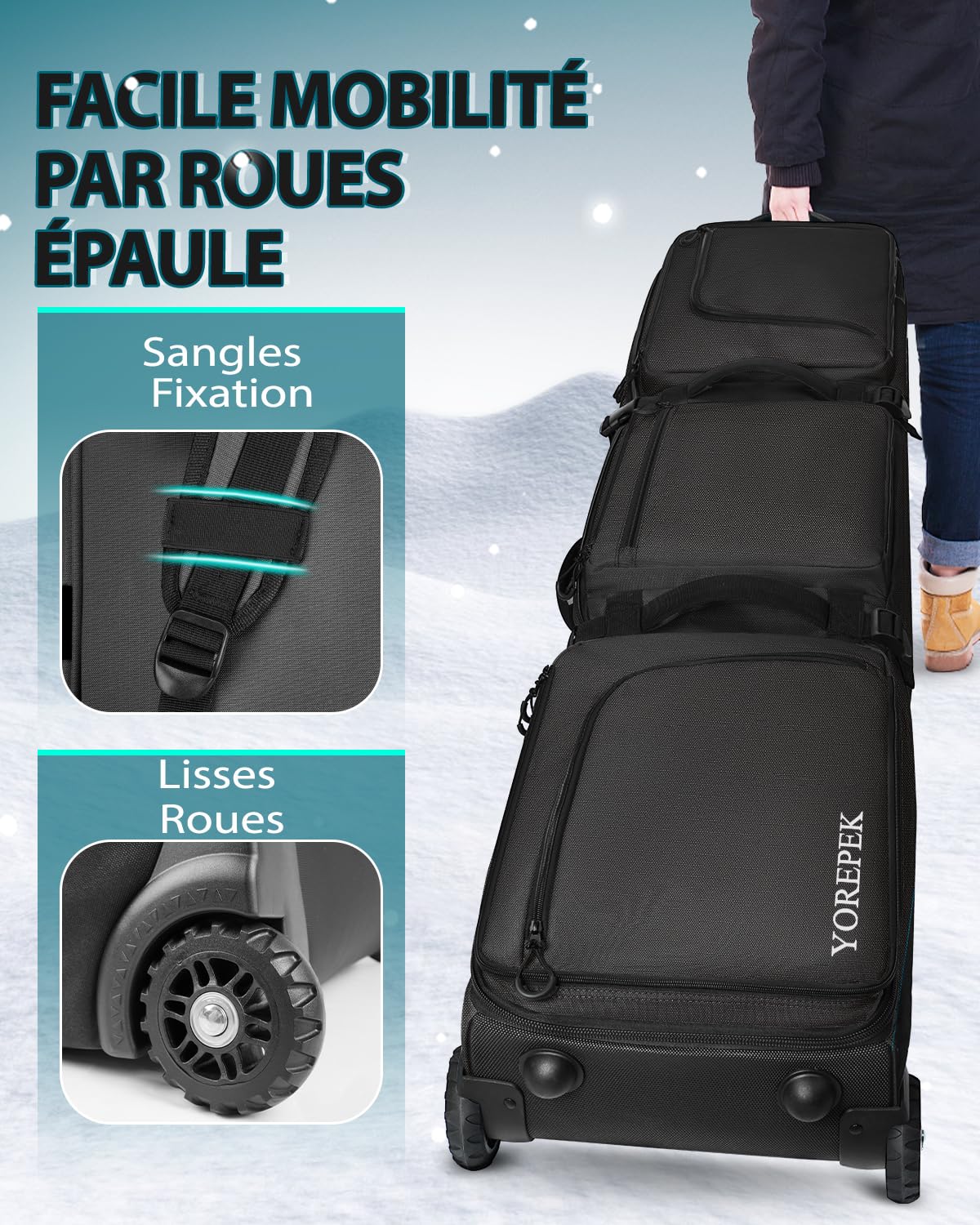 YOREPEK Housse Snowboard avec roulettes, Housse de Snowboard Longueur jusqu'à 160-175 cm, Sac Ski Extensible avec 6 Poches, Imperméable Sac de Ski Homme Femme Adulte Jeune, Cadeau, Noir，Cyan