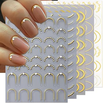IDDFEVE Rhinestone Studded French Line Nail Art Stickers - Shiny Gold Self-Adhesive Multiple Thicknesses and Radians Stripes, Curved Stripes Nail Decals, French Tips Guides for DIY Manicure 5 Sheets