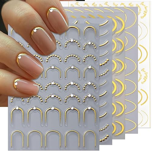 Rhinestone Studded French Line Nail Art Stickers - Shiny Gold