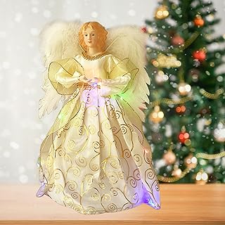 Mumisuto Exquisite Christmas Angel Tree Topper Decorations - 12.6 Inch Fairy Topper With Feather Wings, Light Up - Perfect for Xmas Tree