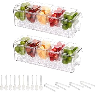 Chilled Condiment Server，Taco Bar Serving Set for Party，15.3" Condiment Serving Platters with 5 Separate Lids and Removable Compartments, Set of 5 Serving Spoons & 2 Clips (5 Containers, 2 pack)