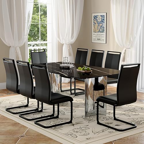 Miniatura 16 de Moderno juego de mesa de comedor para 6, 7 piezas, mesa rectangular de mármol sintético de 71 pulgadas con base de acero inoxidable plateado en