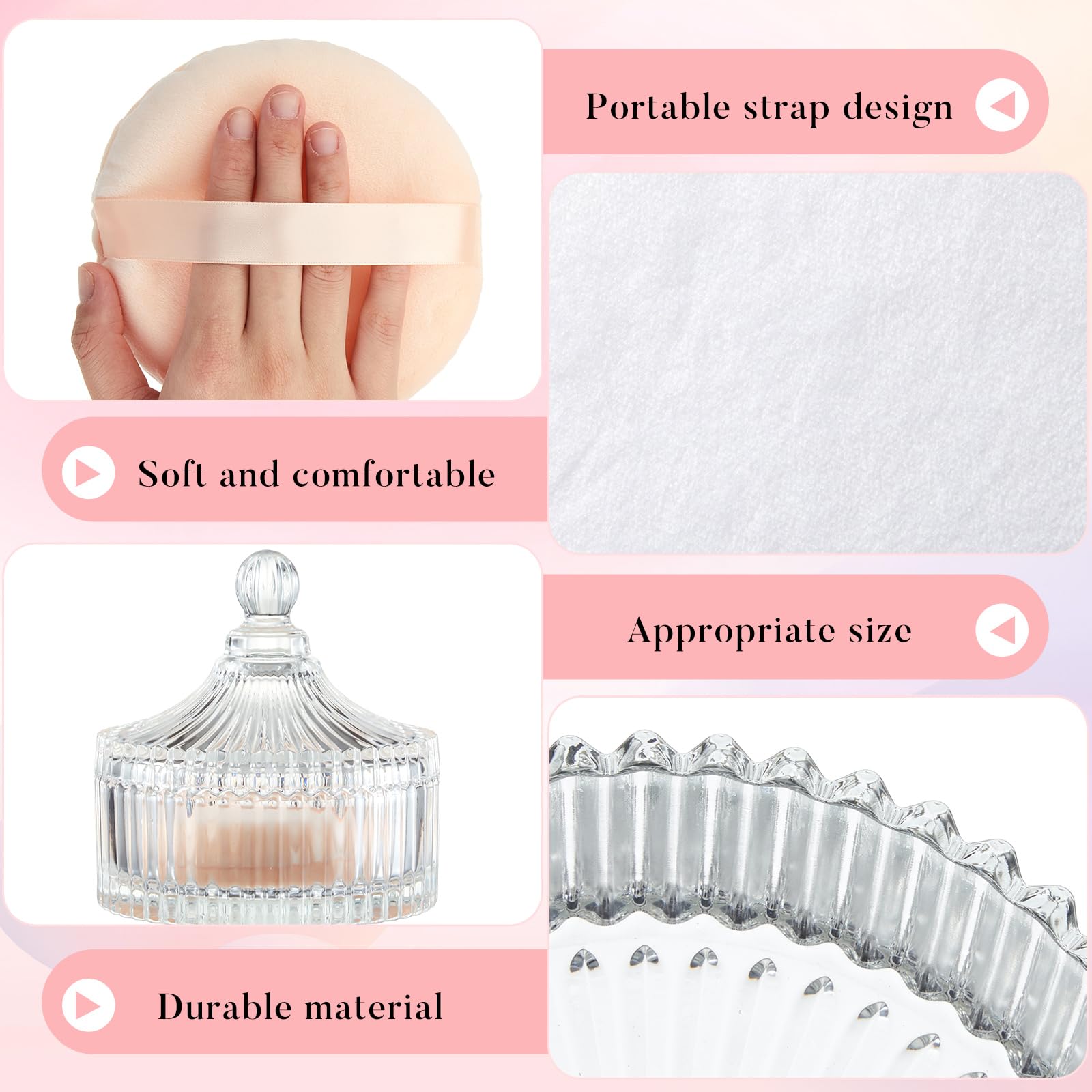 Tioncy 3 piezas extra grandes para polvo corporal y recipiente, recipiente de cristal de 14 cm con esponja de terciopelo de 5.12 pulgadas, caja de vidrio para mujer, herramienta de maquillaje de polvo