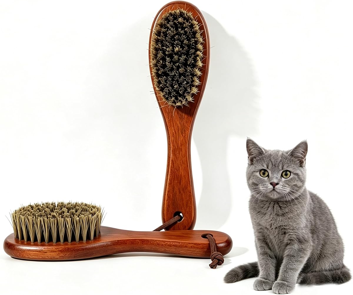 Boar Bristle Cat Hair Brush,Gentle Grooming Brush for Short Haired Cats, Kittens, Small Dogs, Rabbit, Furry Pets Soft Natural Bristles Pet Brush with Wooden Handle for Sensitive Skin