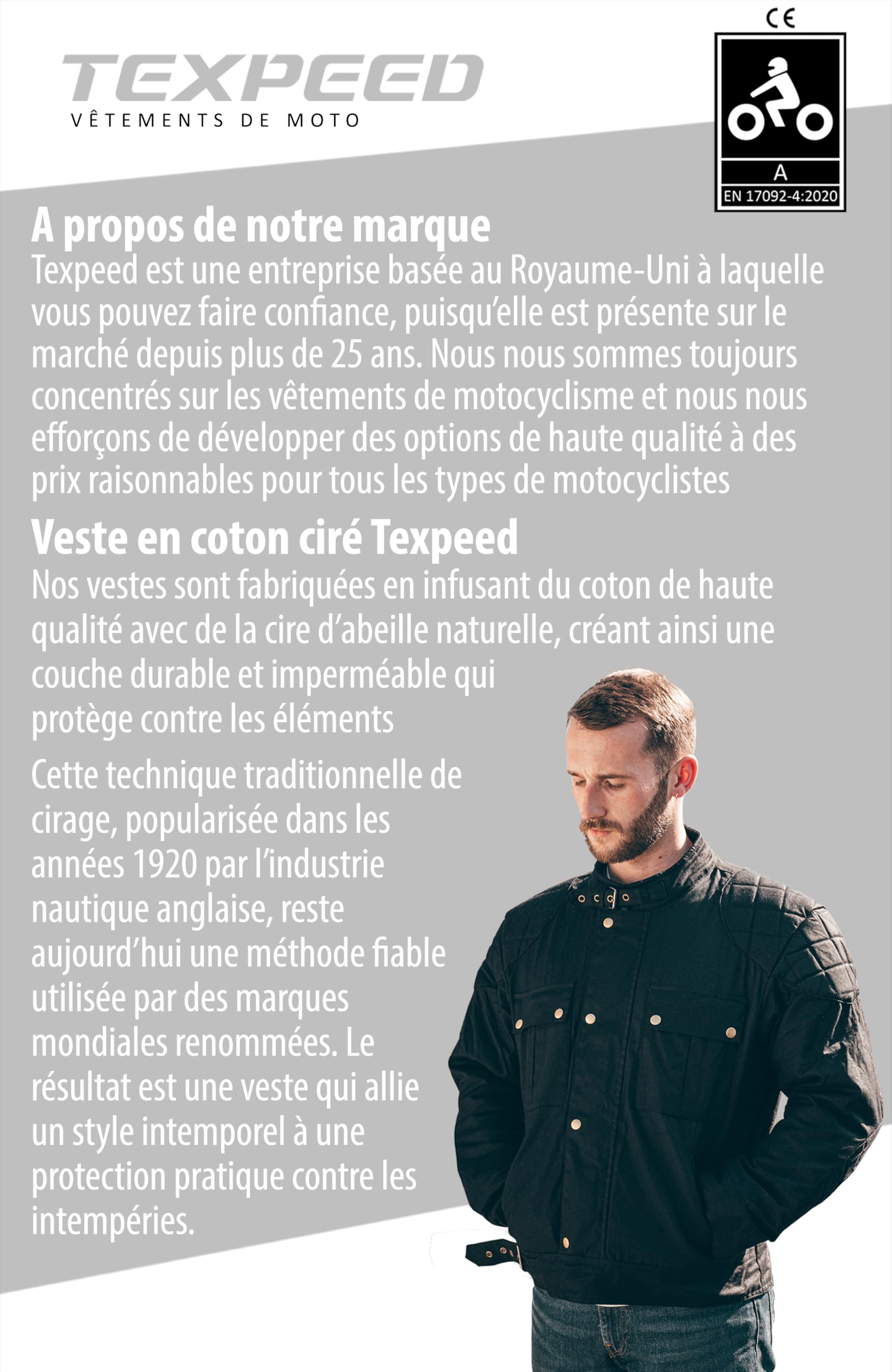 Texpeed Cirée imperméable veste homme homologué avec protection - Hiver court blouson motard avec armure CE (EN 1621-1) Noir - XXL | EN 17092 Vêtement de moto renforcé EN 1621-1 [niveau 1] Armure de motard flexible, doublure thermique d'hiver amovible
