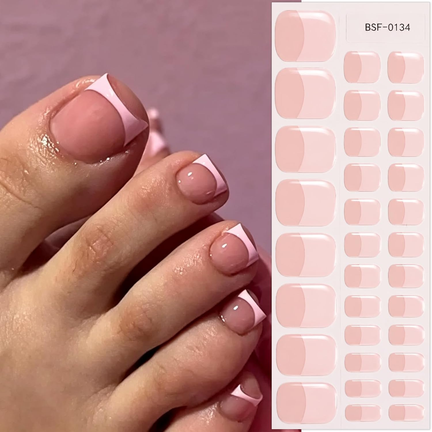 Pink French Tip Gel Toe Nail Strips, Self Adhesive Full Cover Gel Toe Nail Wraps, No UV Lamp Needed, Glossy Long-Lasting Finish for Salon-Quality DIY French Pedicure