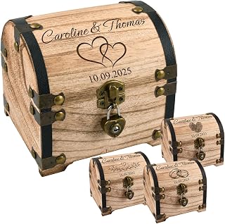 Personalisierte Schatztruhe aus Holz zur Hochzeit mit Herzschloss