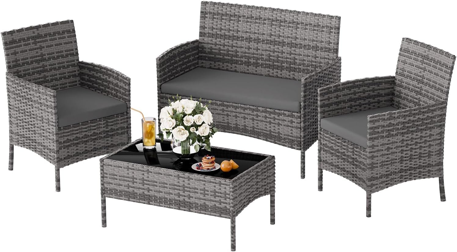 UDPATIO Polyrattan Sitzgruppe Fort 4 Personen Tisch mit 2er Sofa, 2 Stühle & Sitzkissen für Terrasse, Balkon, Garten, Balkonmöbel Rattan Gartenmöbel Set, Grau-meliert & Dunkelgraue Bezüge