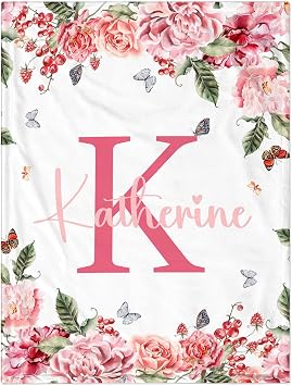Personalized Baby Blanket for Girls, Custom Baby Blanket with Name Super Soft Personalized Name Blankets for Kids, Custom Flower Blanket for Infant Toddler, Baby Blankets for Birthday