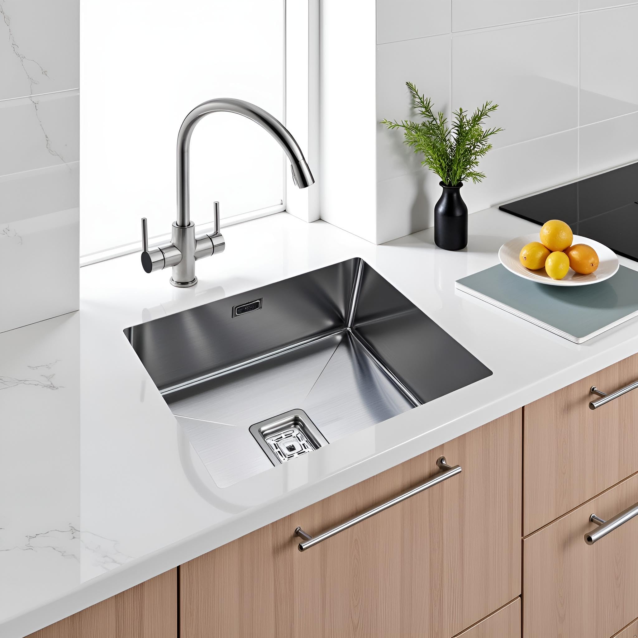 Edesa | Fregadero Bajo Encimera | Modelo MAKALU BE 45x40 1C R-10 | 1 Cubeta Cuadrada | Fregadero de Cocina 20 cm de Profundidad | Ancho de 60 cm | Acabado en Acero Inoxidable