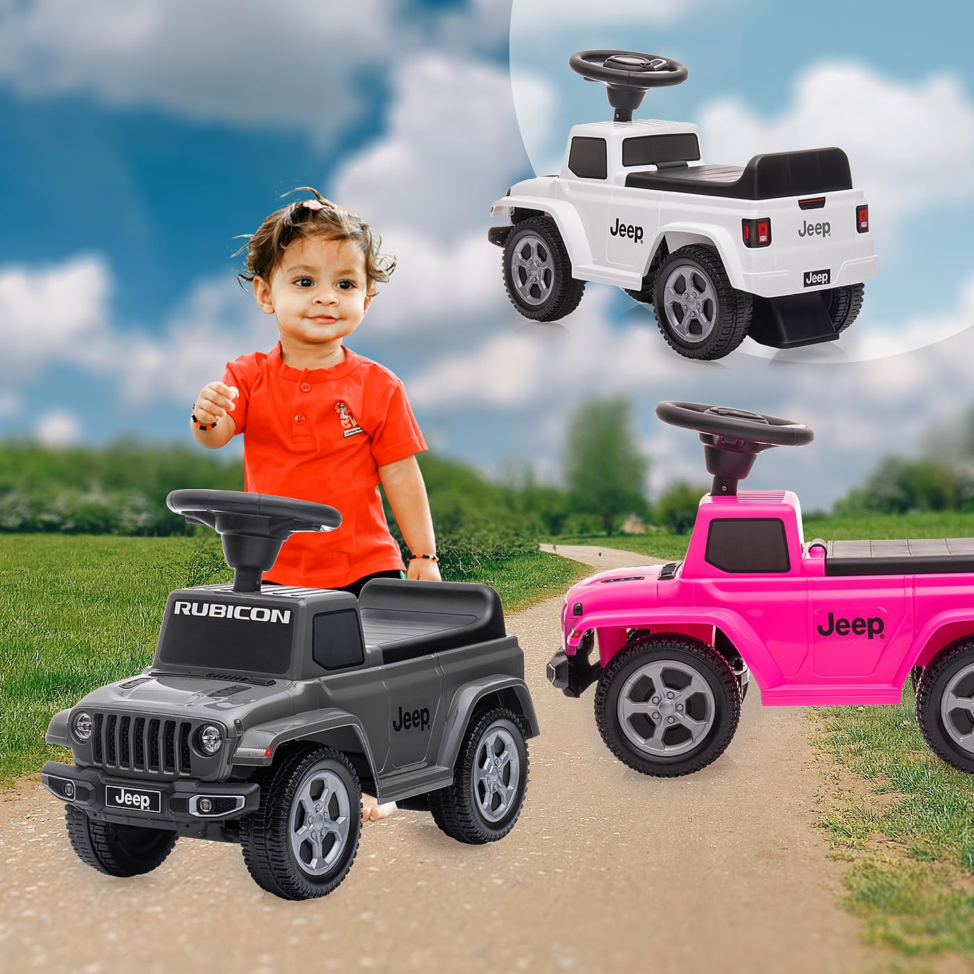JAMARA 464040 Toboggan Jeep® Gladiator - Voiture Glissante pour Enfants, véhicule intérieur et extérieur, Jouet de Voiture, Cadeau pour Enfants, Protection Anti-basculement, Coffre, klaxon