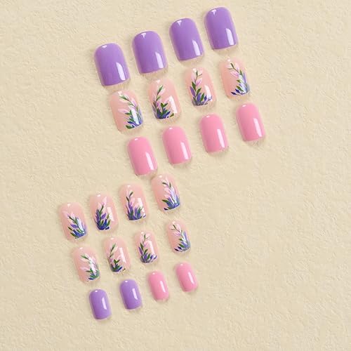 Miniatura 3 de Uñas postizas cortas cuadradas a presión, elegantes puntas de uñas postizas moradas con diseños de hojas, uñas acrílicas, cobertura completa,