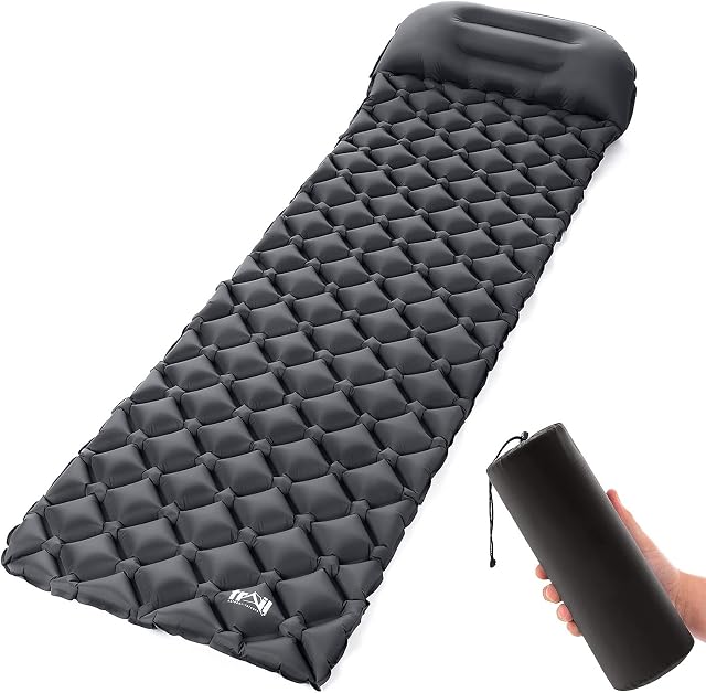 Trail Lightweight Camping Mat With Pillow, Ultra Light Inflatable Sleeping Mattress, Compact, Waterproof, Inflated Size L193cm x W60cm x D5cm, Bag Size 33cm x 12cm