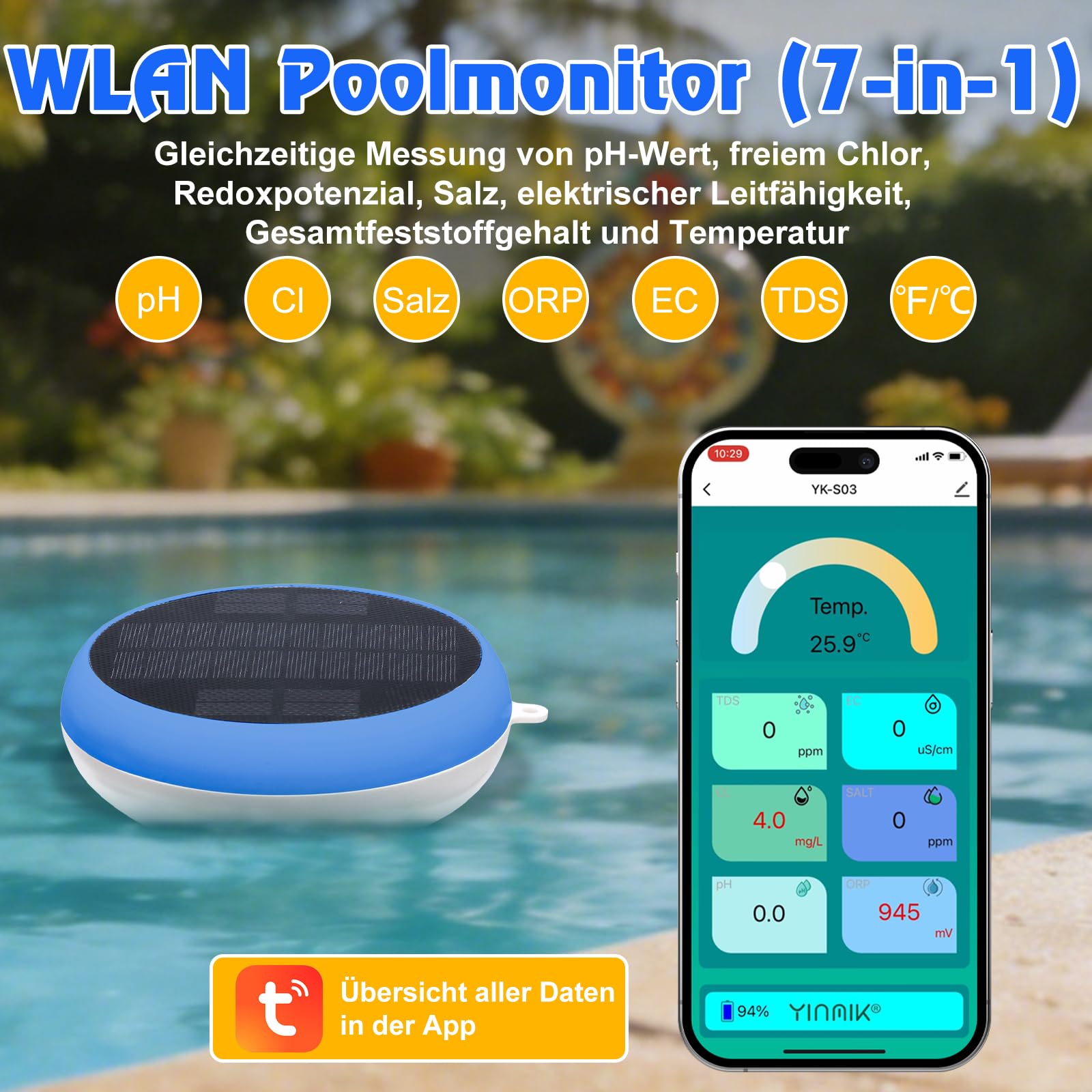 Intelligentes Pool Chlor pH Messgerät, Chlor Monitor mit Solarbetrieb, Digitales pH Salz Messgerät für Salzwasserpools, YINMIK 7 in 1 pH Chlor Salz ORP EC TDS Temp Meter für Außenpool Whirlpool Spa