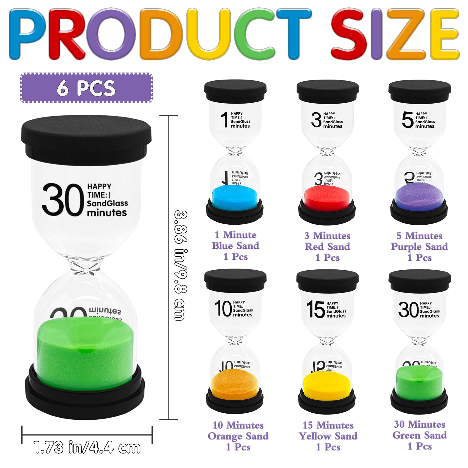 6 Pcs Sand Timers,Colorful Timer for Kids,1/3/5/10/15/30 Minutes Hourglass Sand Timers Sand Clock Timer for Classroom Cooking Office Games