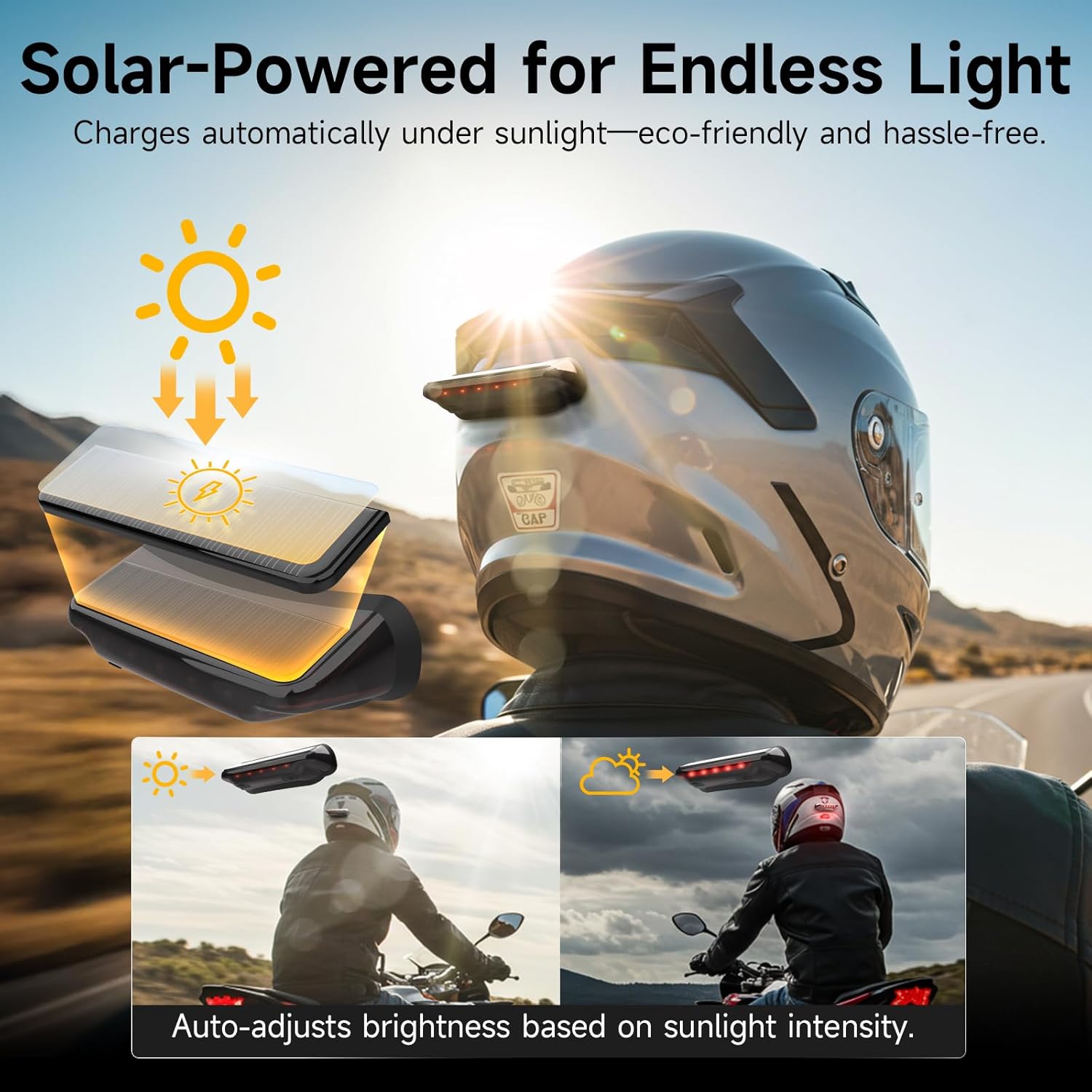Solar Motorcycle Helmet Light, Moman Solar Powered Bicycle LED Safety Light with Brake Sensing Ultra Bright Red Warning Light IPX4 Waterproof ABS Material for Night Riding (USB-C Cable NOT Included)