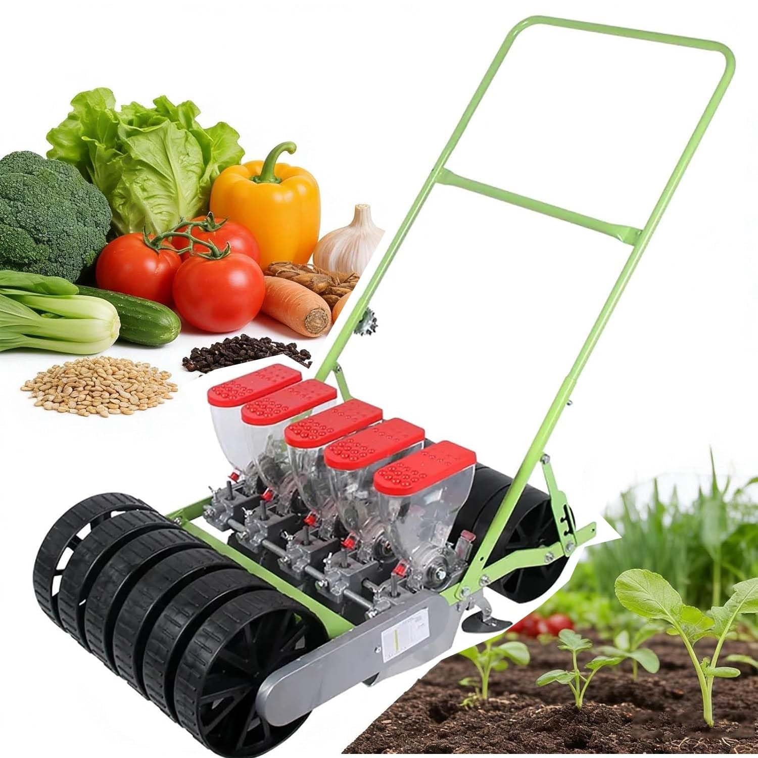 Seminatrice Manuale a Spinta, Seminatrice di Precisione per Ortaggi, profondità di Semina 0–5 Cm, Distanza tra Le File 7,5–45 Cm, 1–6 File Opzionali, per Soia, Grano, Mais, Riso, Sorgo(5-Row)
