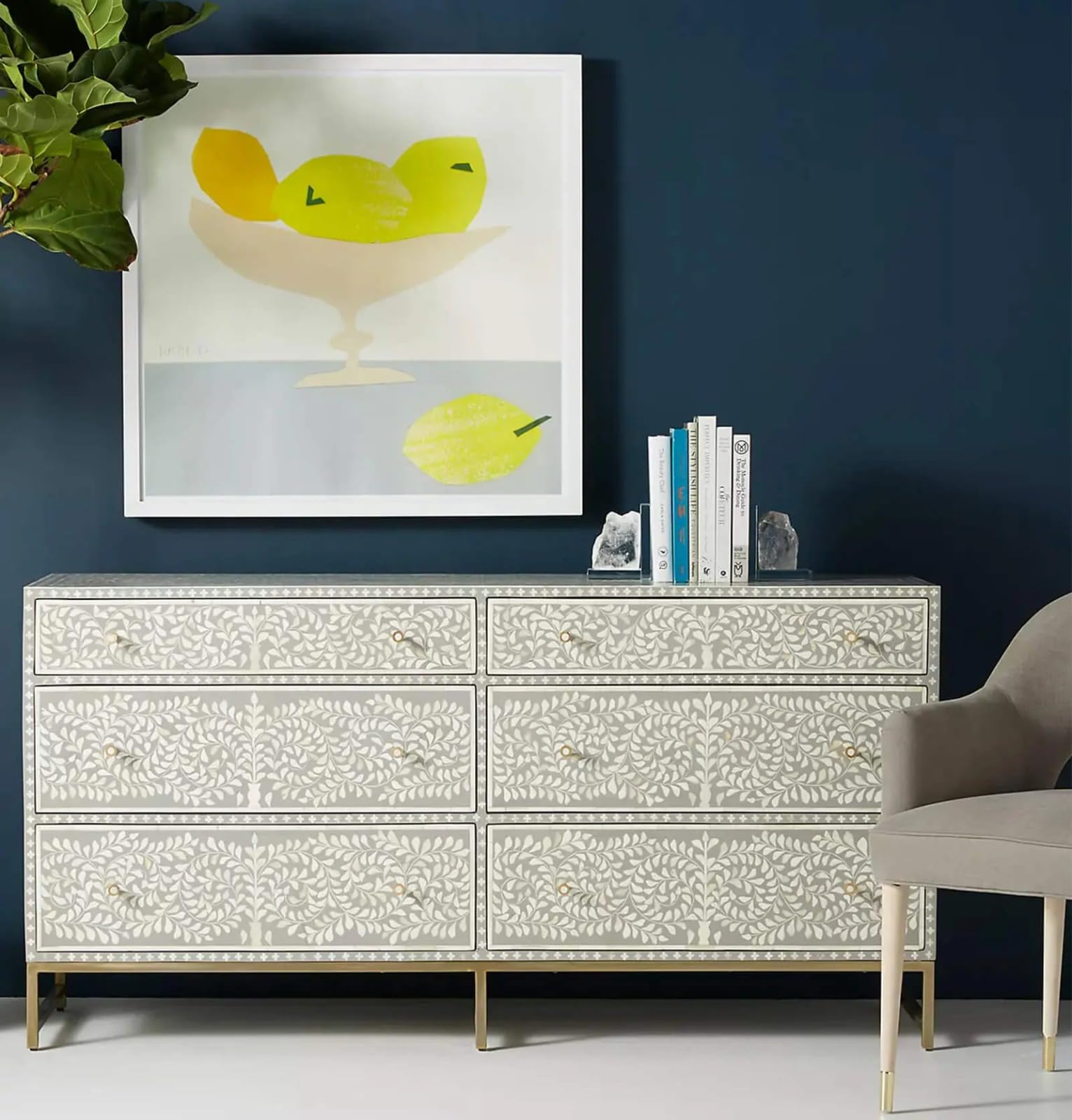 UK Indian Furniture Mango Wood Bone Inlay Cabinet – Drawer White Floral Sideboard, Handmade Storage Chest, 76x18x34 inch | Ethnic Boho Design Dresser for Bedroom & Living Room-image-42