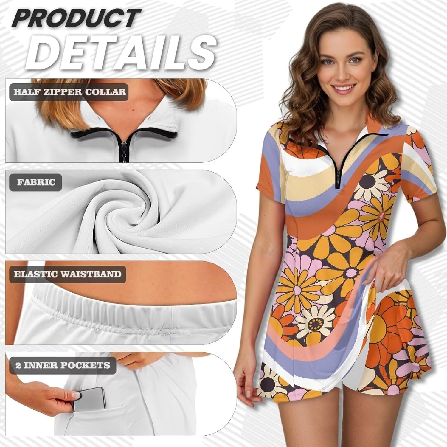 Women's Short Sleeve Tennis Dress Built in Shorts & Pockets Half Zip Pullover Golf Dresses for Workout Athletic