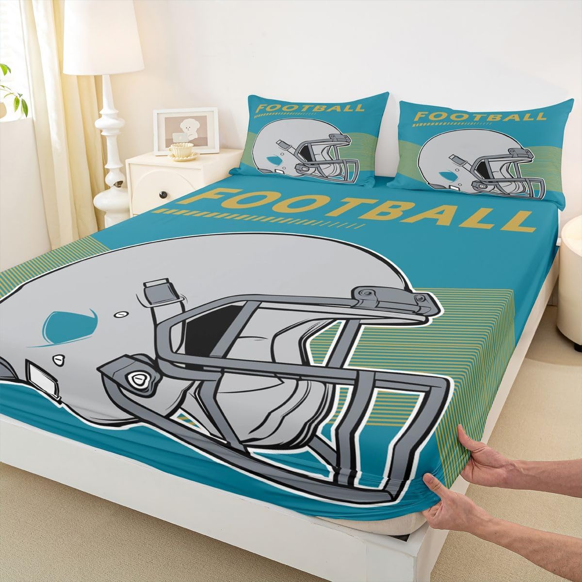 Erosebridal Football Game Fitted Sheet Football Bed Set Football Lovers Sheets Queen,Gridiron Player Bed Sheets Sports Competition Fitted Bed Sheets Bedroom Decor