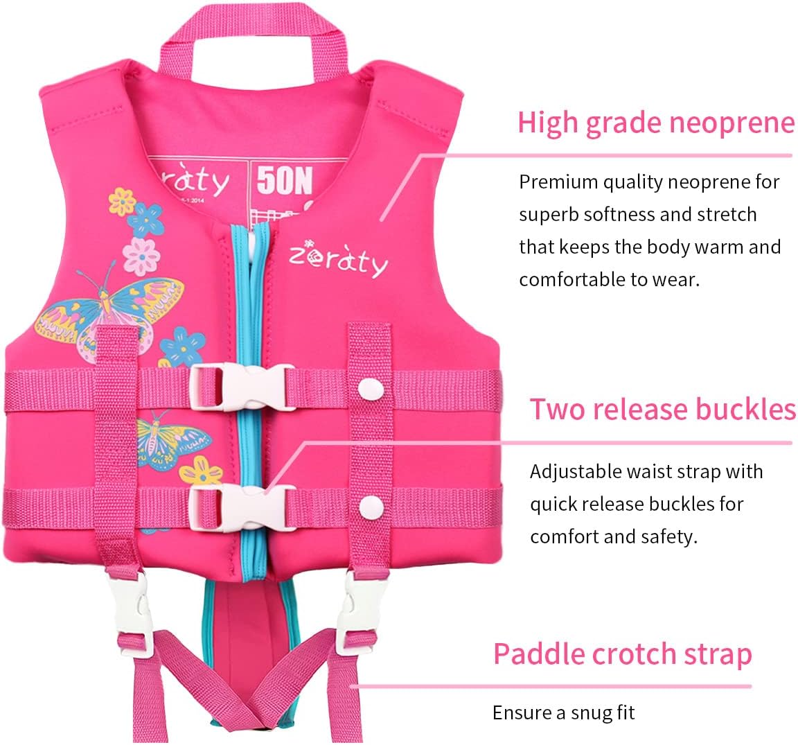 Zeraty Chaleco De Natación Para Niños (22-50 Lbs / 1-9 Años) – Neopreno Con 3 Hebillas De Seguridad, Ajustable, Certificado UL