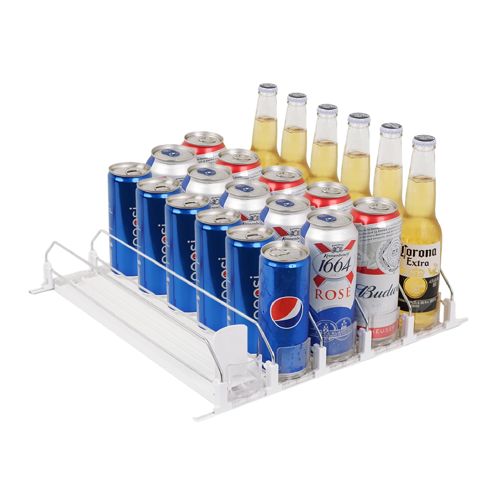 mopam Freezer Beverage Pusher Glide, Soda Can Dispenser for Refrigerator, Automatic Drink Propeller for Fridge Water Bottle Organizers and Storage, 5 Line Width Adjustable, White