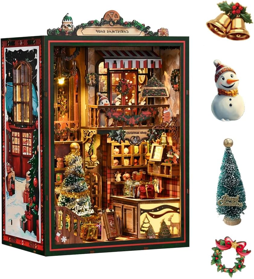 DIY Book Nook Kit DIY Wooden Bookend Doll House Kit with LED Light for Friends and Family