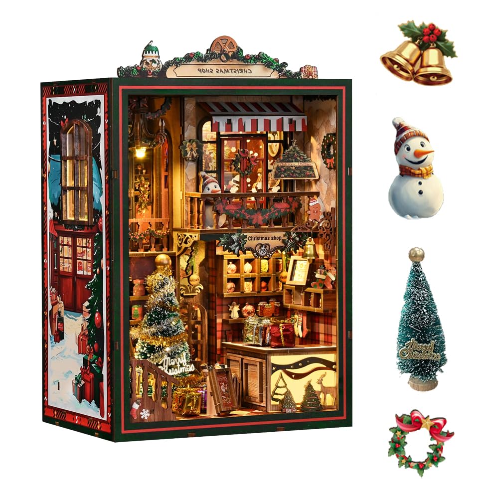 DIY Book Nook Kit DIY Wooden Bookend Doll House Kit with LED Light for Friends and Family (Christmas Shop)