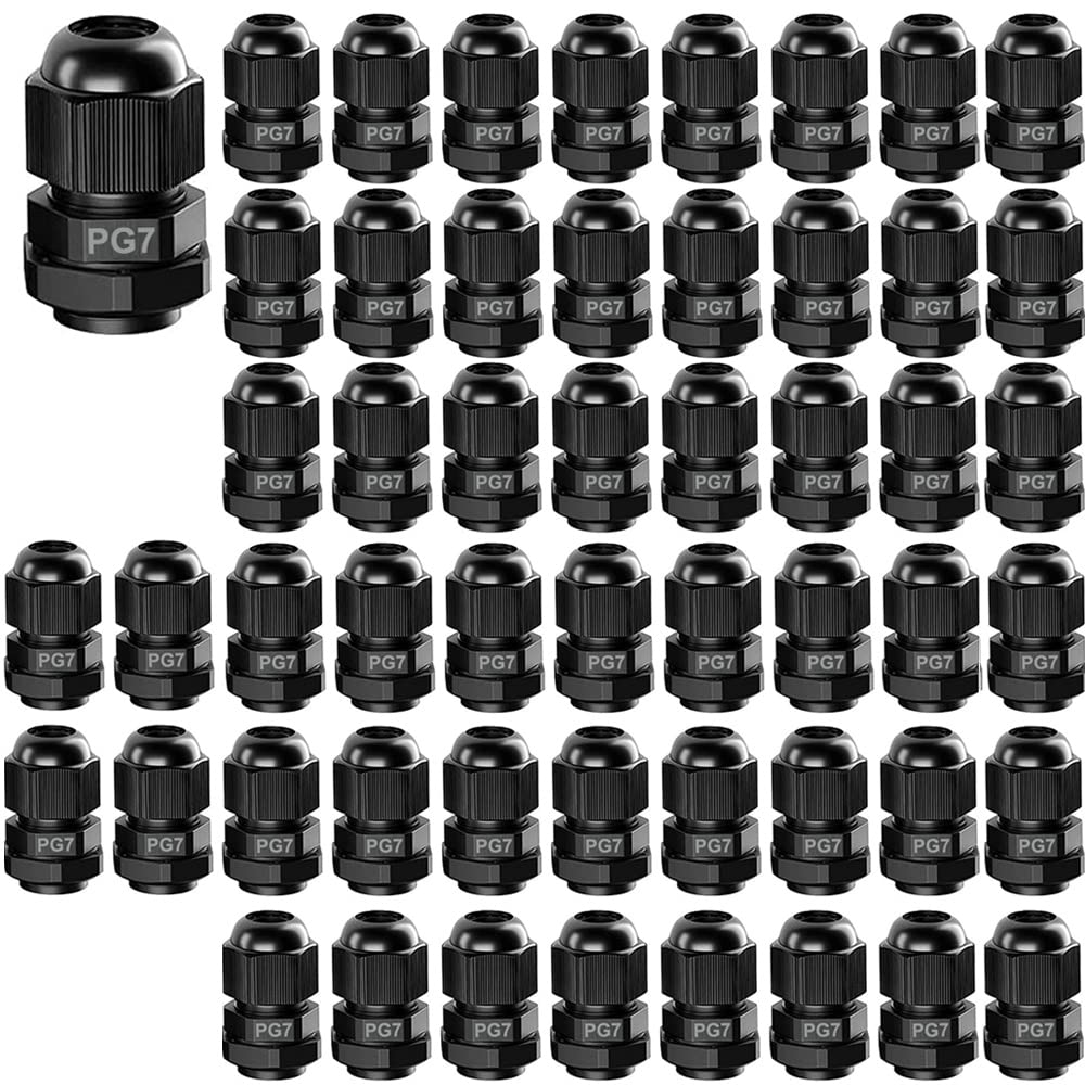 GUUZI 52pcs PG7 Prensaestopas, IP68 Plástico Impermeable Ajustable 3,5-6mm Prensaestopas Juntas con Juntas (Negro)