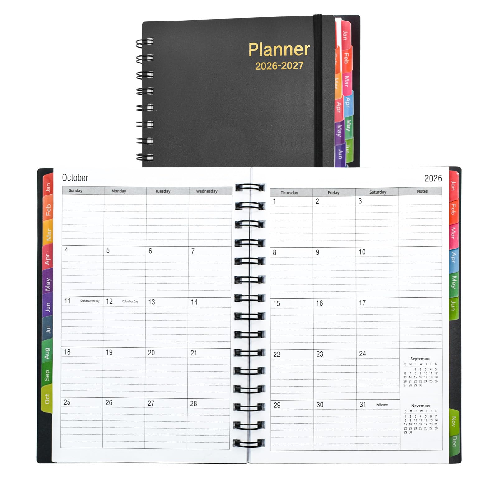 VANRA Daily Planner 2026-2027 (Jan 2026 Jun 2027) - 18 Month Monthly Planner with Tabs, Agenda Book Yearly Weekly Academic Calendar, Flexible Cover with Spiral Binding, A5 Size (Black)