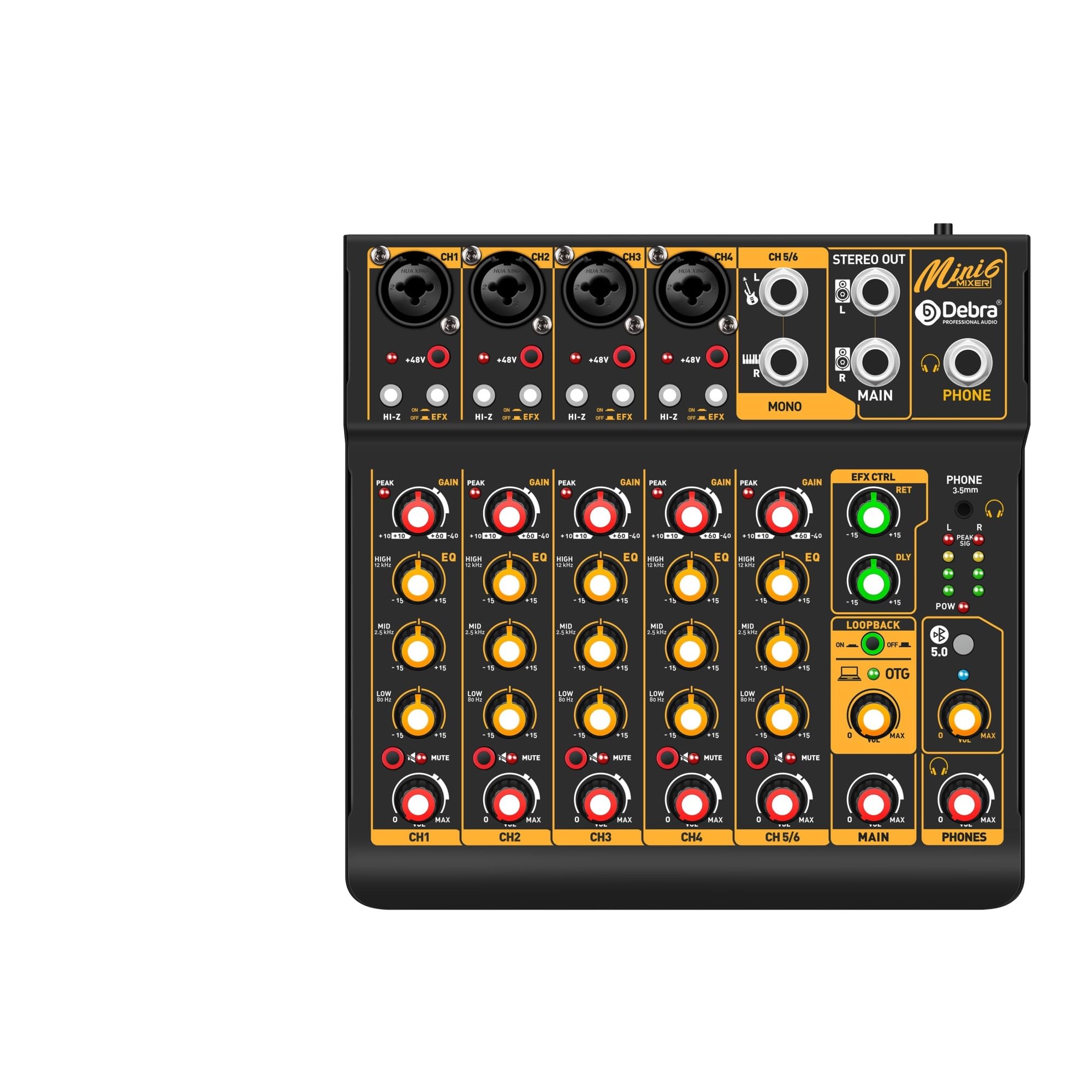 Mixer per DJ, OTG Metal Mixer DJ Console Mini6 with Bluetooth 48V Power Delay Repaeat Effect for Sound Mixing Console PC Recording(Mini6 OTG)