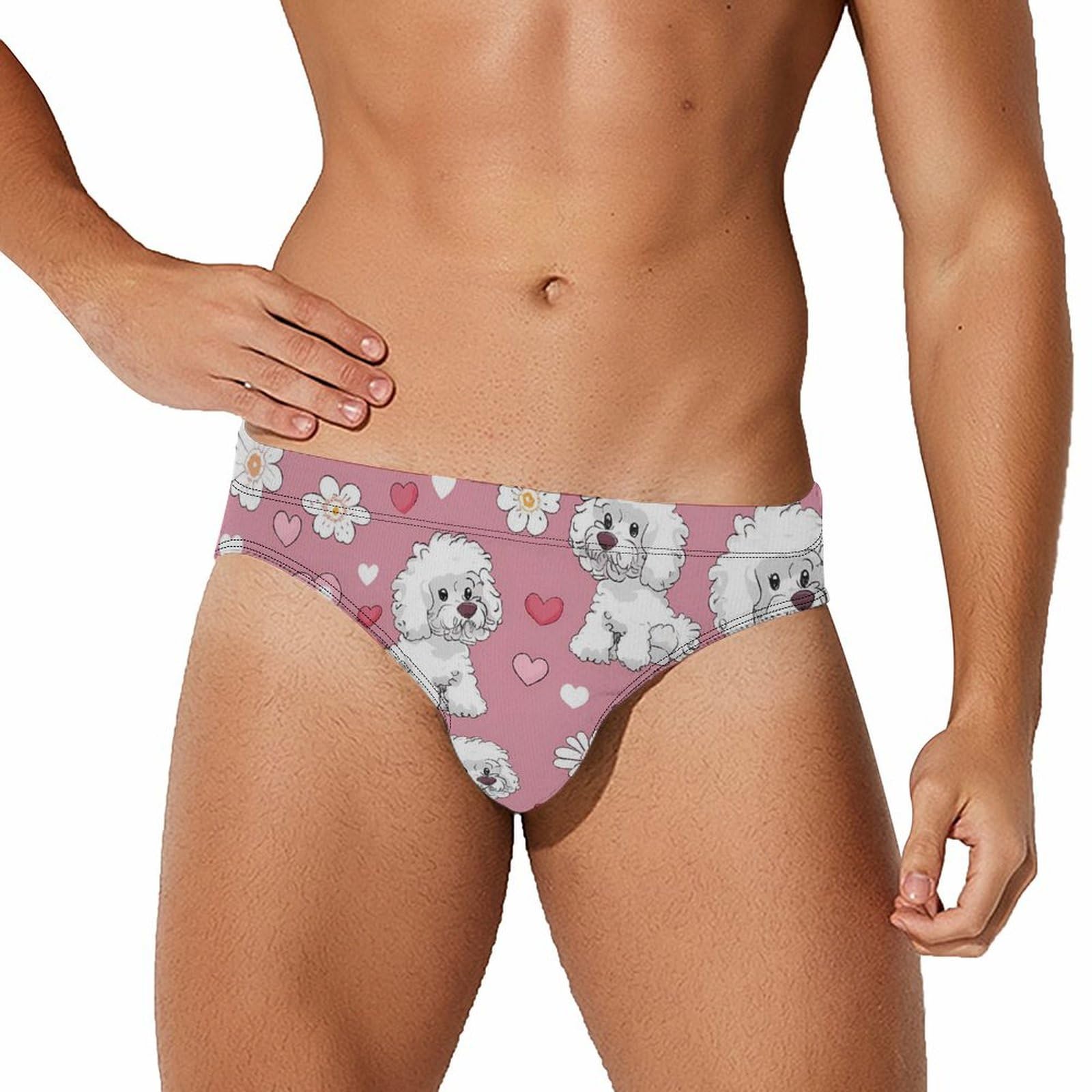 Poodle Dogs Hearts Flowers Mens Swim Briefs Bikini Swimwear Print Beach Shorts Sexy Swimsuit 2XL