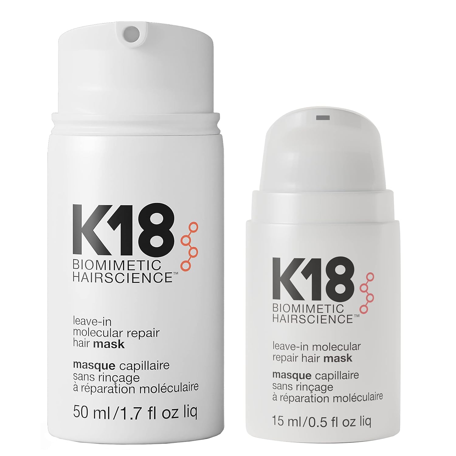 K18 Leave-In Repair Hair Mask, 4-Minute Speed Treatment, Renews Hair Damage From Color, Chemical Services Heat (1 of each 50ml & 15ml).