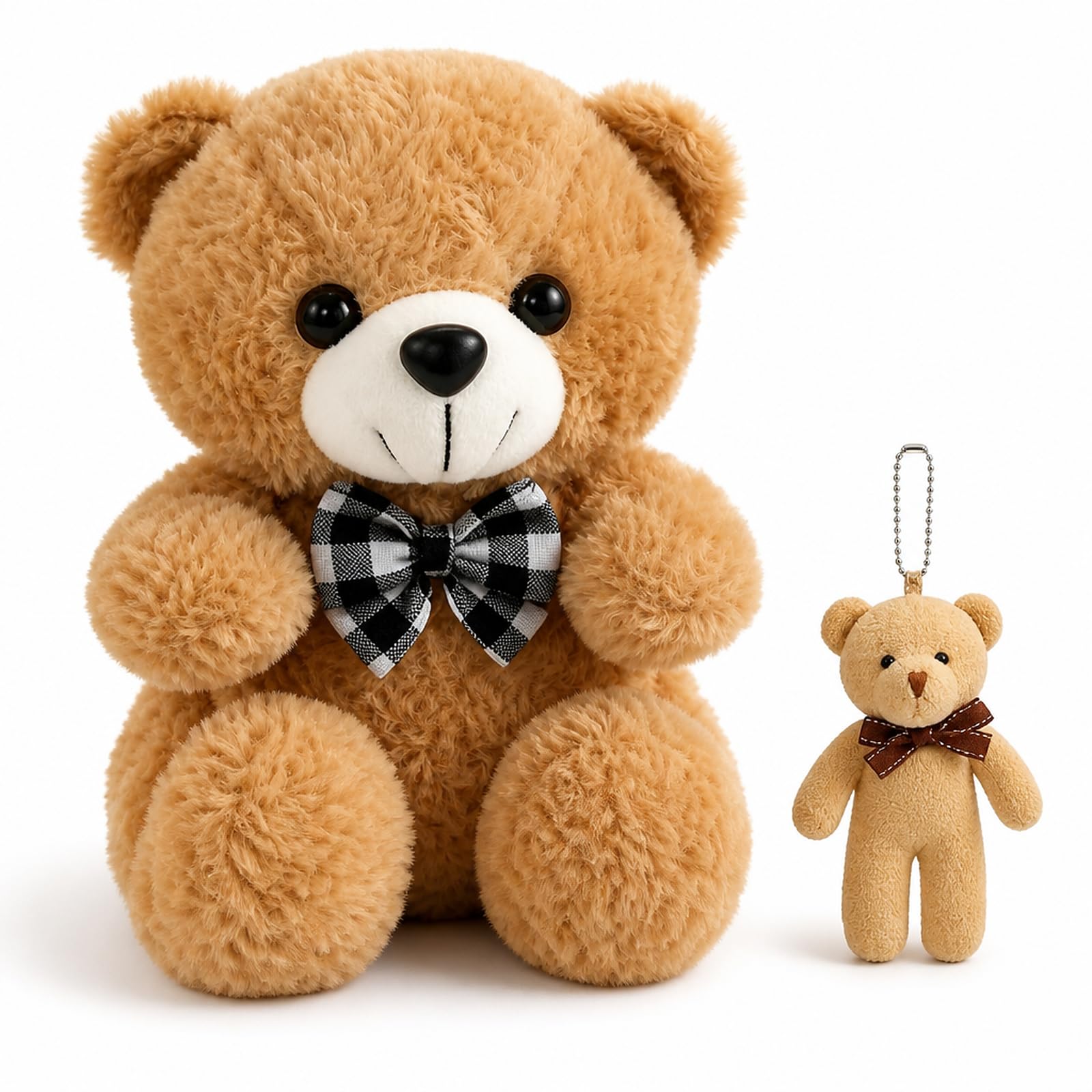 Buuraqq 2Pcs Brown Plush Bear, White Bow Tie Stuffed Bear with Keychain