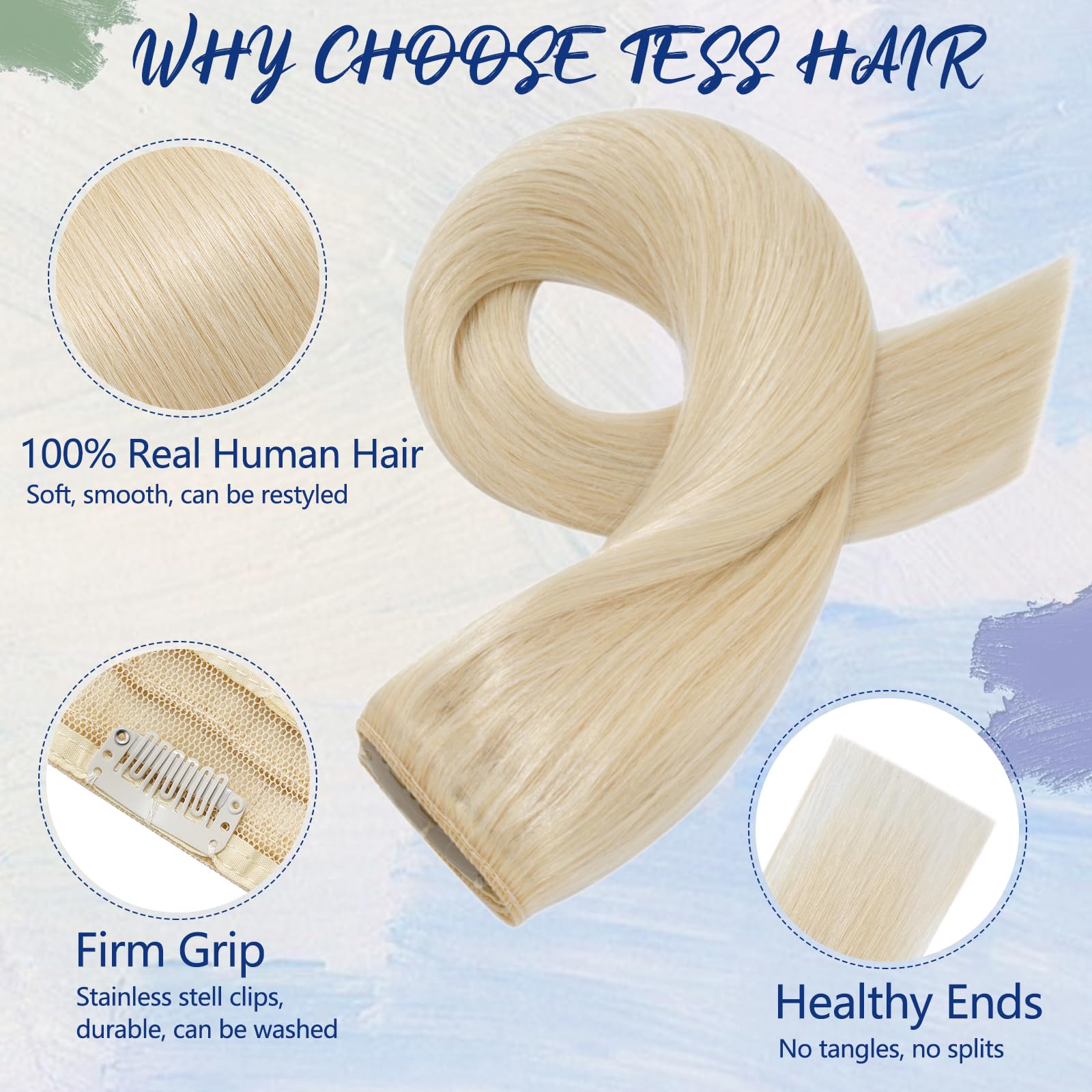 TESS Clip In Hair Extension,Hair Extensions Real Human Hair One Peice 5 Clips Straight Natural (#60 Platinum Blonde,16Inch) - Image 2