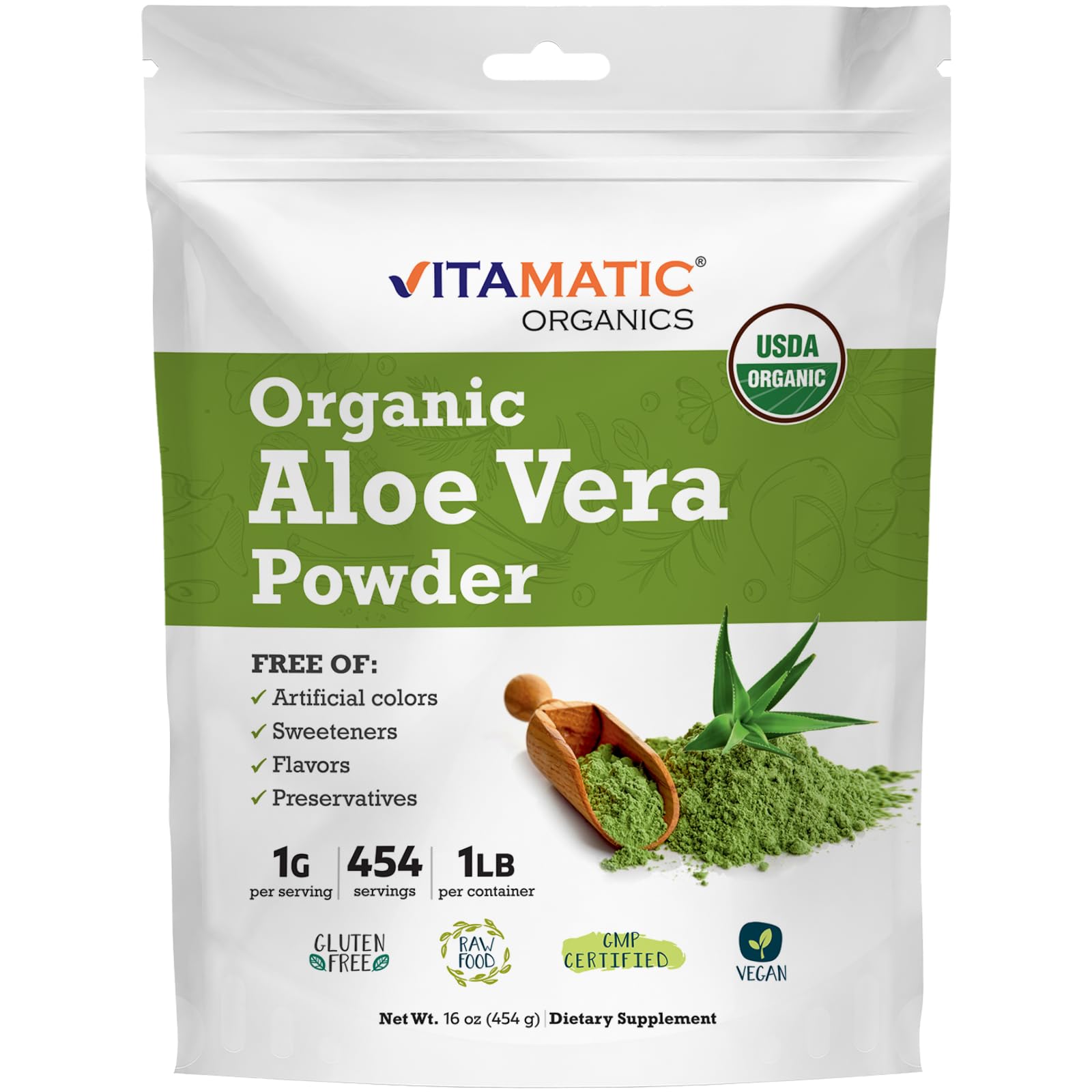 Vitamatic Certified USDA Organic Aloe Vera Powder – 1 lb (16 oz) Υποστηρίζει το δέρμα, την πέψη, το Detox & την ανοσοποιητική υγεία 