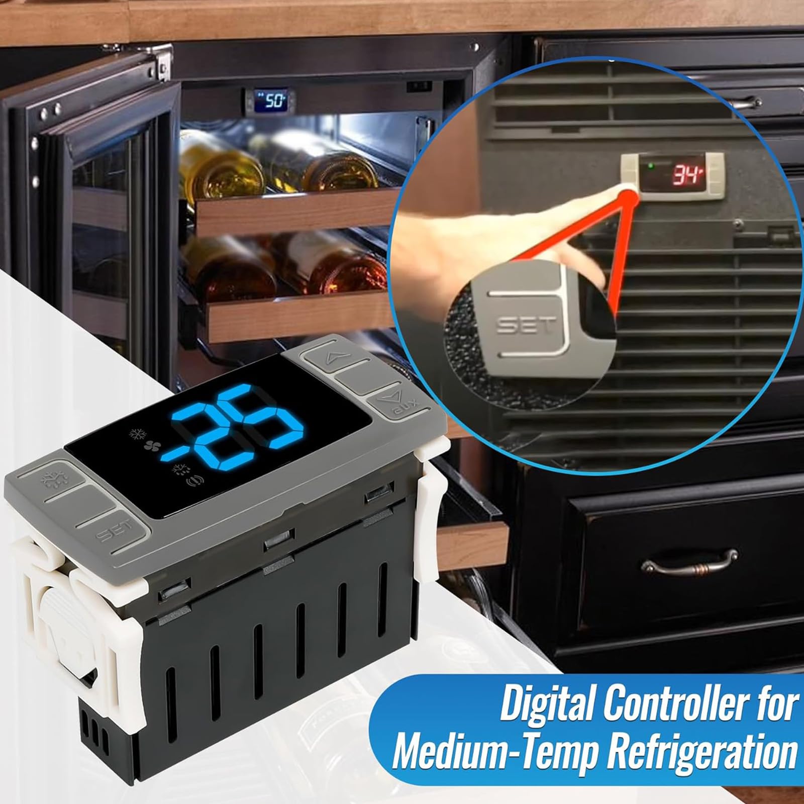 Energieeffizienter Kühlthermostat mit Funktion zum Zurücksetzen auf die Werkseinstellungen und kompaktem Design Sicheres, effizientes Kühlgerät Controller für gewerbliche Getränkekühler