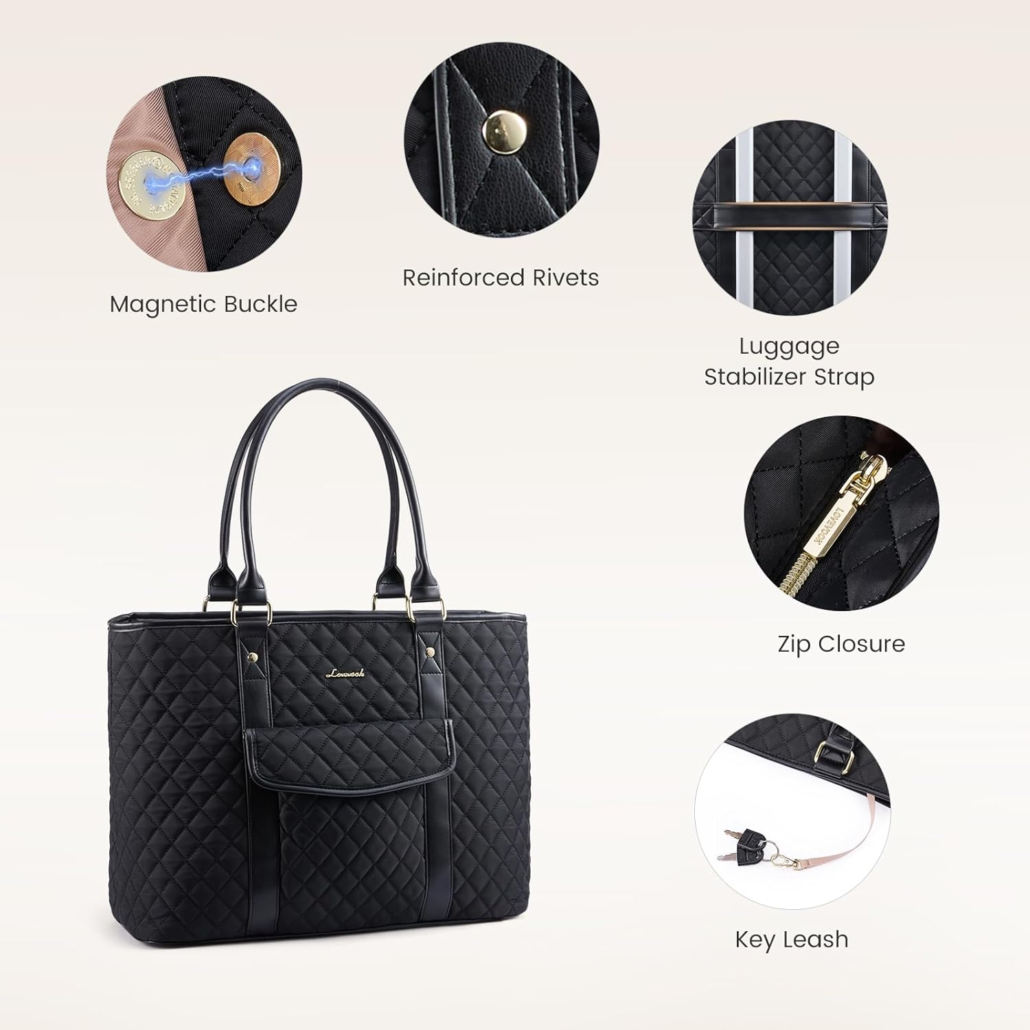 LOVEVOOK Laptop Tote Bag for Women 15.6 Inch,Waterproof Computer Bag for Laptop for Womens,Quilted Travel Work Tote Bags for Women,Stylish Laptop Bag Purse with Luggage Sleeve for Teacher,Nurse,Office - Image 3