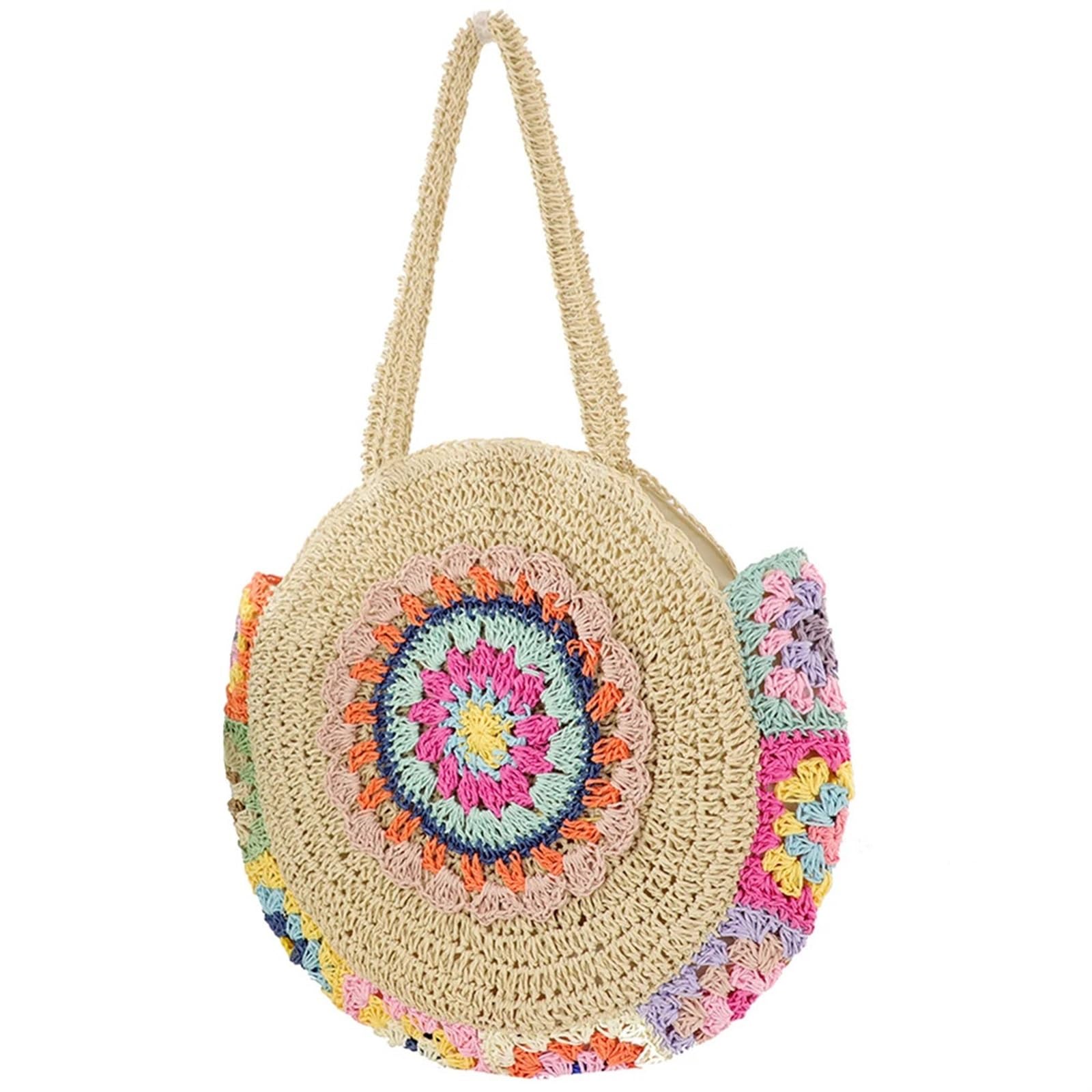 Bolso de mano tejido colorido estilo étnico for mujer, elegante bolso de hombro, bolso de playa redondo tejido de paja, bolso de crochet de gran capacidad Ideal Para Vacaciones, Trabajo y Viajes(Light
