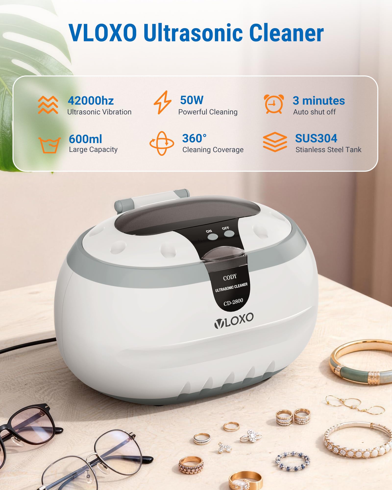 VLOXO Nettoyeur Ultrasons 50W, 42KHz Ultrasonic Cleaner Professionnel, 600ML Bac Ultrason avec Support et Panier pour Bijoux, Lunettes, Montres, Prothèses Dentaires, Tête de Rasoir