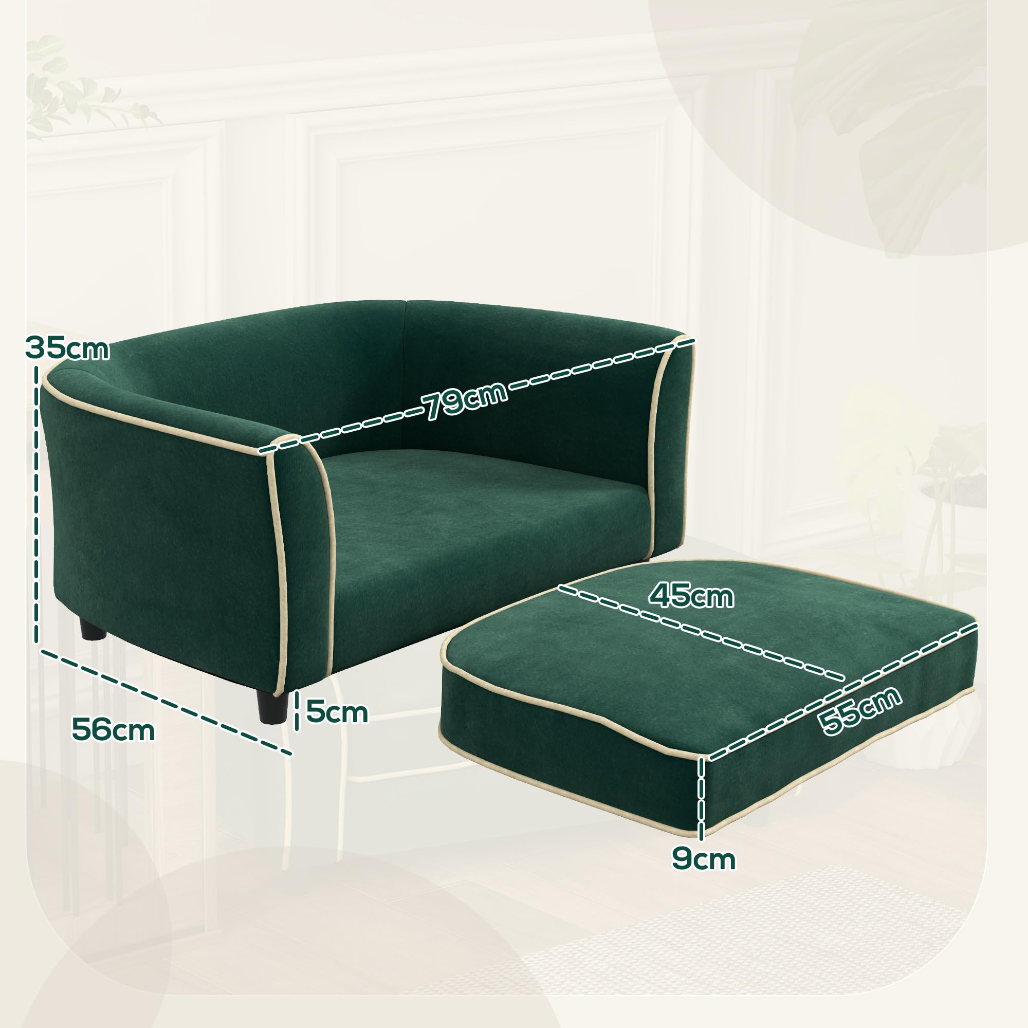 PawHut Divano per Cani Taglia Piccola e Media Elegante con Cuscino, Divanetto per Cani in Tessuto Effetto Velluto e Legno, 79x56x35 cm, Verde Scuro