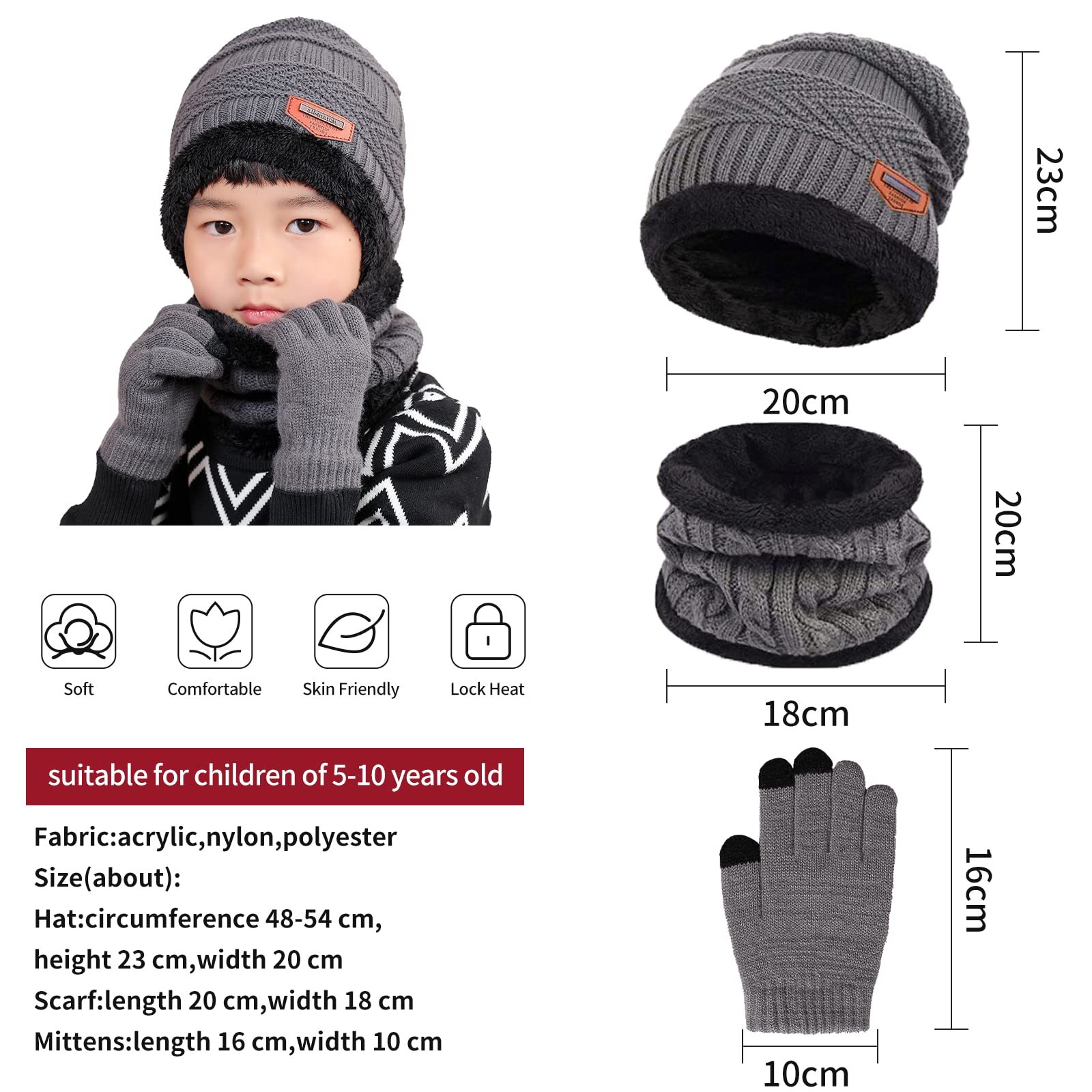 Gorro Invierno Niños Niñas Conjunto de Gorro Bufanda y Guantes Niño, Cálido Gorro de Punto Bufanda con Forro Polar Guantes con Pantalla Táctil para Niño Niña de 5 a 10 Años