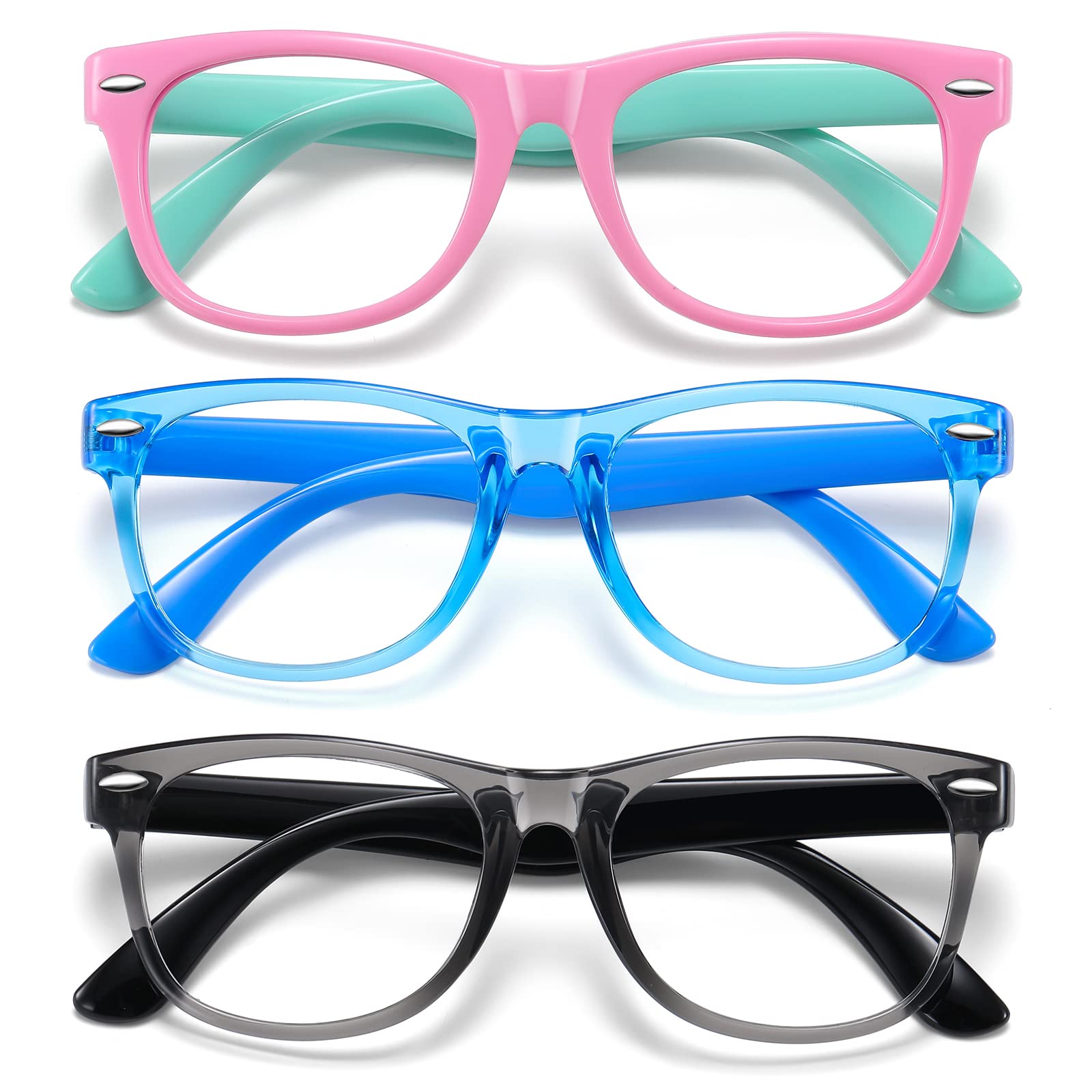 Gafas de luz azul Okany para niños, paquete de 3, para adolescentes, niños y niñas de 3 a 10 años, antirreflejos, para juegos, TV, teléfono, fatiga visual, color gris, negro, rosa, verde y azul.