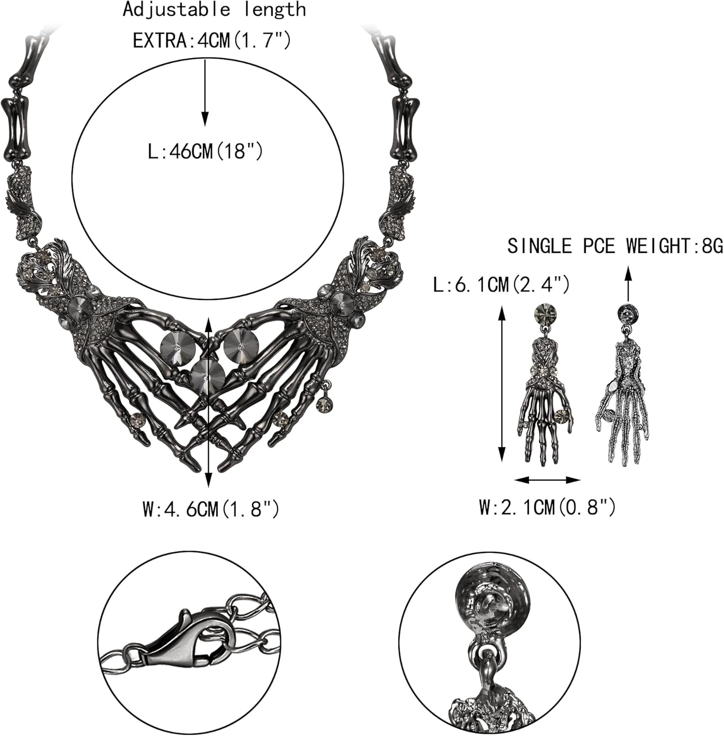 EVER FAITH Austrian Crystal Halloween Skeleton Hand Skull Necklace Earrings Set - Image 6