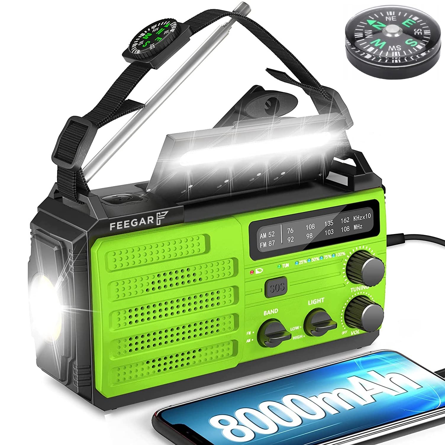 Feegar Oze 3 Pro Tragbar Solar Kurbelradio Notfall Handkurbel Wetter Radio mit AM/FM, 8000mAh Hand kurbel Notfall Radio Taschenlampen Bewegungssensor Leseleuchte USB Handy-Lader, SOS-Alarm Camping