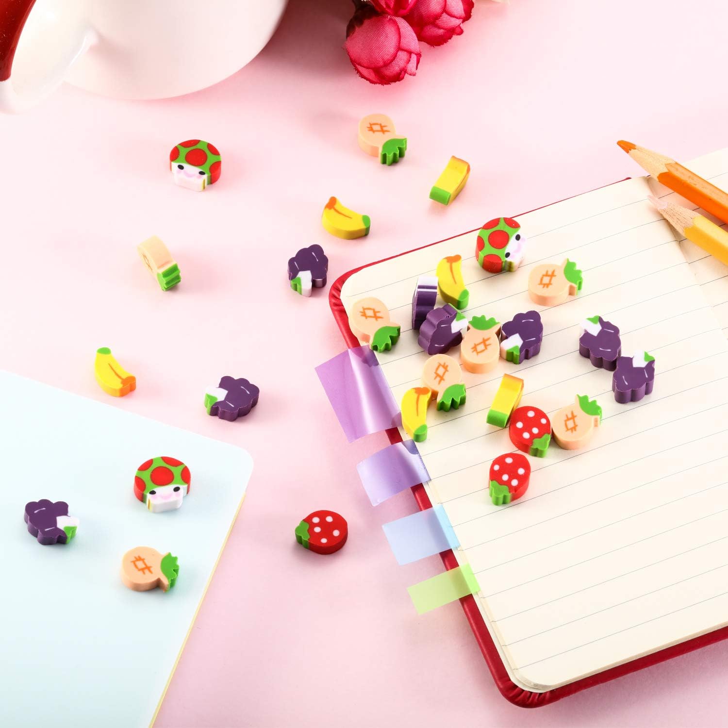 100 Pieces Mini Fruit Erasers Assortment, Colorful Grape, Fruit and Strawberry Assorted Eraser Mini Novelty Fruit Erasers for Party Favors, Homework Rewards, Gift Filling (Style 3, 100 Pieces)