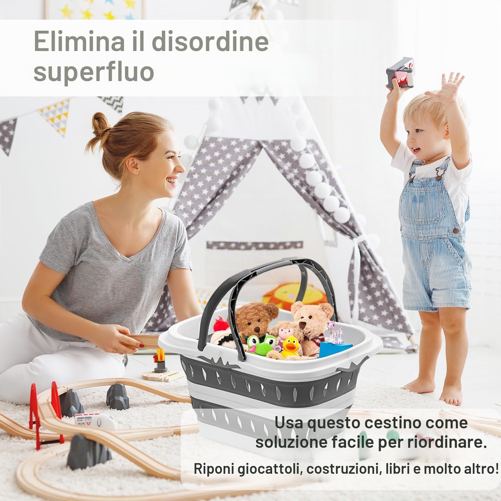Cesto portabiancheria pieghevole in plastica da 50 litri con manici pieghevoli, cestino portatile salvaspazio per lavanderia, 50 x 38,6 x 29 cm
