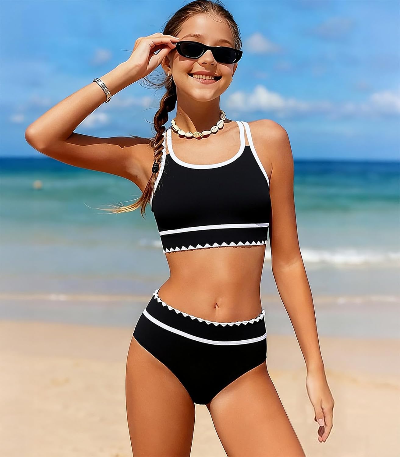 Girls Bathing Suit Color-Block Adjustable Criss Cross Strap Sporty Swimsuits for 9-16 Years Bikini Set with Chest Pad - Image 3