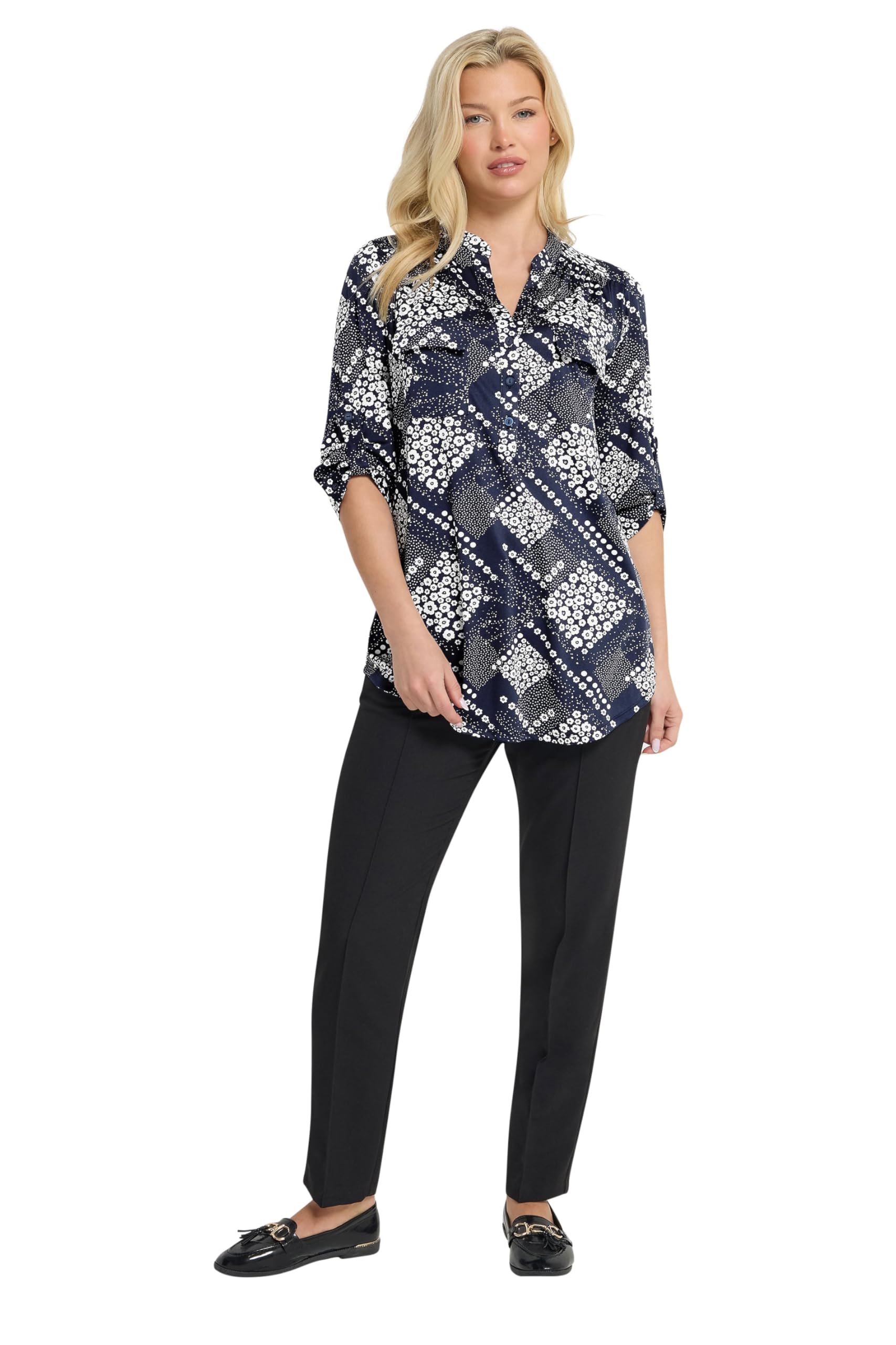 M&Co Blue Ditsy Floral Print Half Placket Shirt - Women's